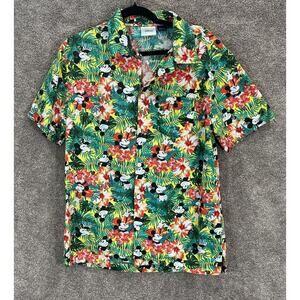 Disney Shirt Mens Medium Green Mickey Mouse Hawaiian Floral Short Sleeve Button